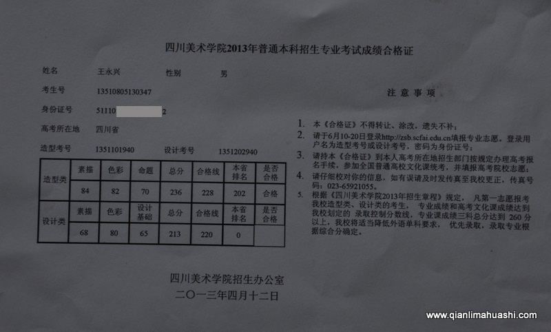 乐山千里马画室学生王永兴过四川美术学院合格线